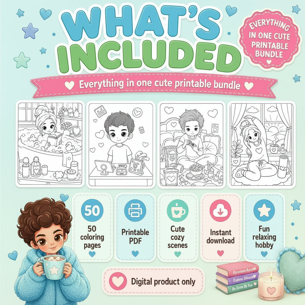 Coloring Book, 50 Kawaii Coloring Pages Printable PDF, Cute & Aesthetic Coloring Pages for Boys, Bold, Easy & Cozy Style, Instant Download 🚀