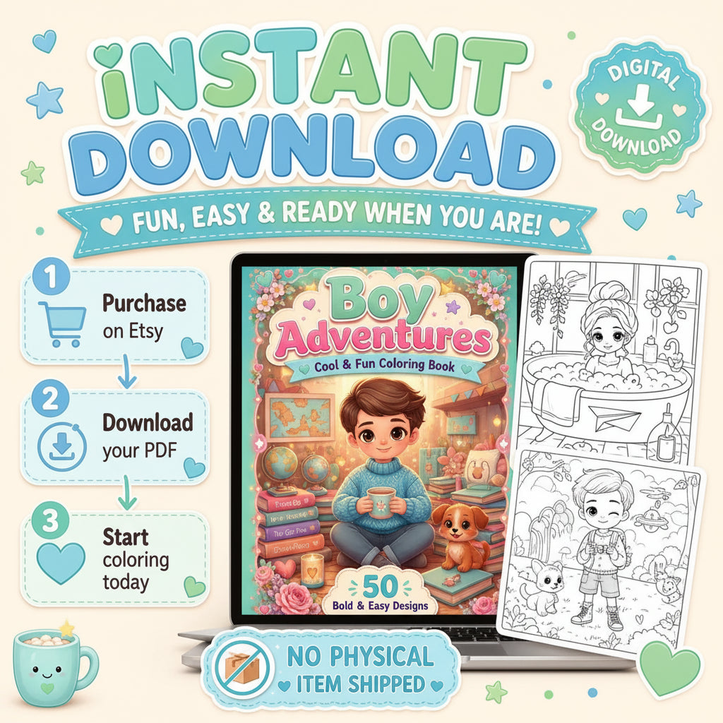 Coloring Book, 50 Kawaii Coloring Pages Printable PDF, Cute & Aesthetic Coloring Pages for Boys, Bold, Easy & Cozy Style, Instant Download 🚀