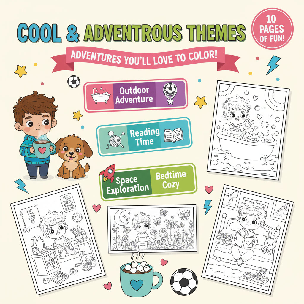 Coloring Book, 50 Kawaii Coloring Pages Printable PDF, Cute & Aesthetic Coloring Pages for Boys, Bold, Easy & Cozy Style, Instant Download 🚀
