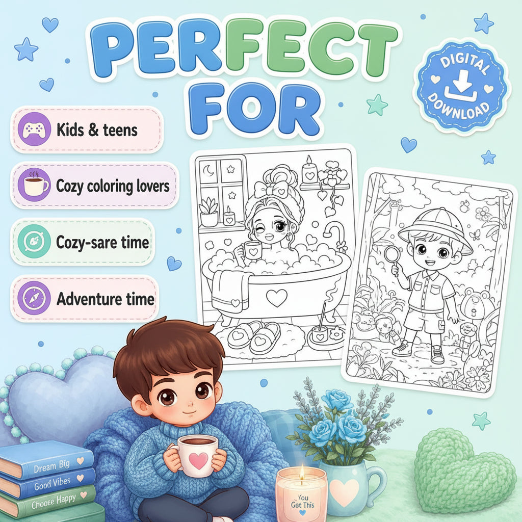 Coloring Book, 50 Kawaii Coloring Pages Printable PDF, Cute & Aesthetic Coloring Pages for Boys, Bold, Easy & Cozy Style, Instant Download 🚀