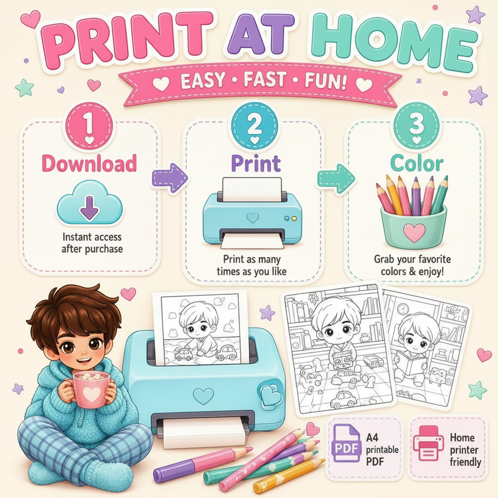 Coloring Book, 50 Kawaii Coloring Pages Printable PDF, Cute & Aesthetic Coloring Pages for Boys, Bold, Easy & Cozy Style, Instant Download 🚀
