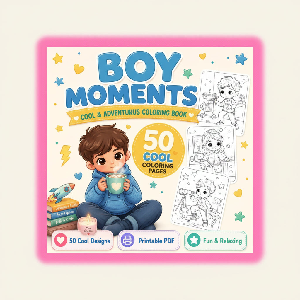 Coloring Book, 50 Kawaii Coloring Pages Printable PDF, Cute & Aesthetic Coloring Pages for Boys, Bold, Easy & Cozy Style, Instant Download 🚀