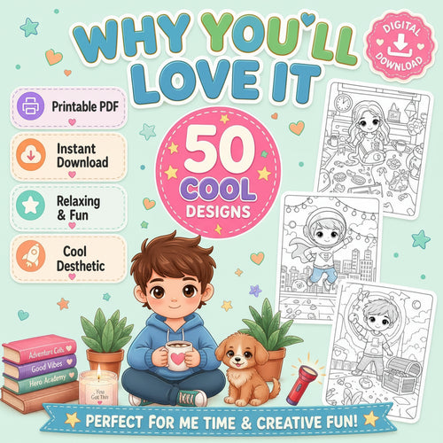 Coloring Book, 50 Kawaii Coloring Pages Printable PDF, Cute & Aesthetic Coloring Pages for Boys, Bold, Easy & Cozy Style, Instant Download 🚀