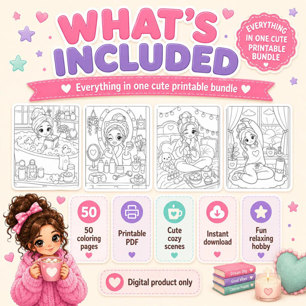 **Girls' Moments Coloring Book | 50 Kawaii Coloring Pages Printable PDF | Cute & Aesthetic Coloring Pages for Girls | Bold, Easy & Cozy Style | Instant Digital Download** 💖🎀📖✨