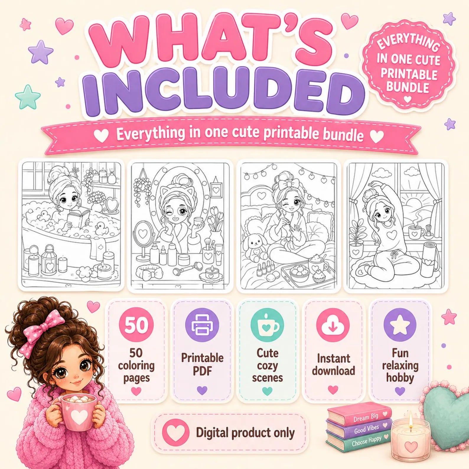 **Girls' Moments Coloring Book | 50 Kawaii Coloring Pages Printable PDF | Cute & Aesthetic Coloring Pages for Girls | Bold, Easy & Cozy Style | Instant Digital Download** 💖🎀📖✨