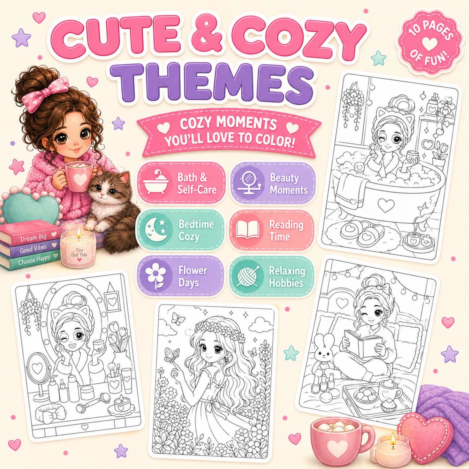**Girls' Moments Coloring Book | 50 Kawaii Coloring Pages Printable PDF | Cute & Aesthetic Coloring Pages for Girls | Bold, Easy & Cozy Style | Instant Digital Download** 💖🎀📖✨