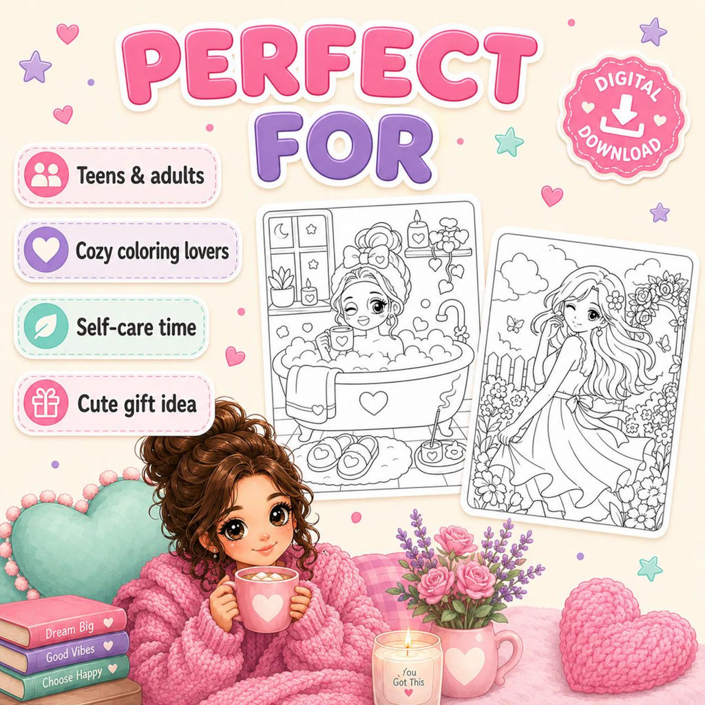 **Girls' Moments Coloring Book | 50 Kawaii Coloring Pages Printable PDF | Cute & Aesthetic Coloring Pages for Girls | Bold, Easy & Cozy Style | Instant Digital Download** 💖🎀📖✨