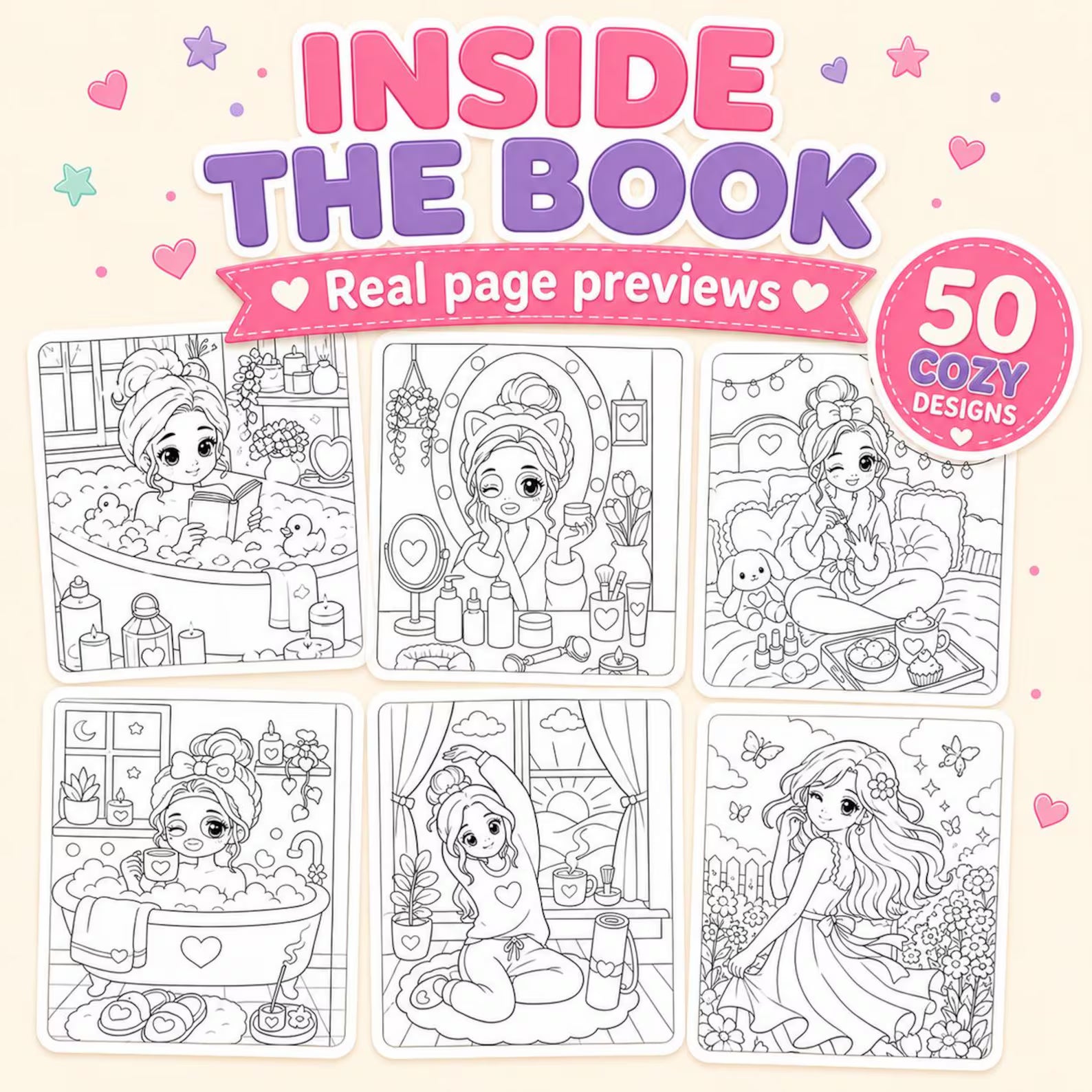 **Girls' Moments Coloring Book | 50 Kawaii Coloring Pages Printable PDF | Cute & Aesthetic Coloring Pages for Girls | Bold, Easy & Cozy Style | Instant Digital Download** 💖🎀📖✨