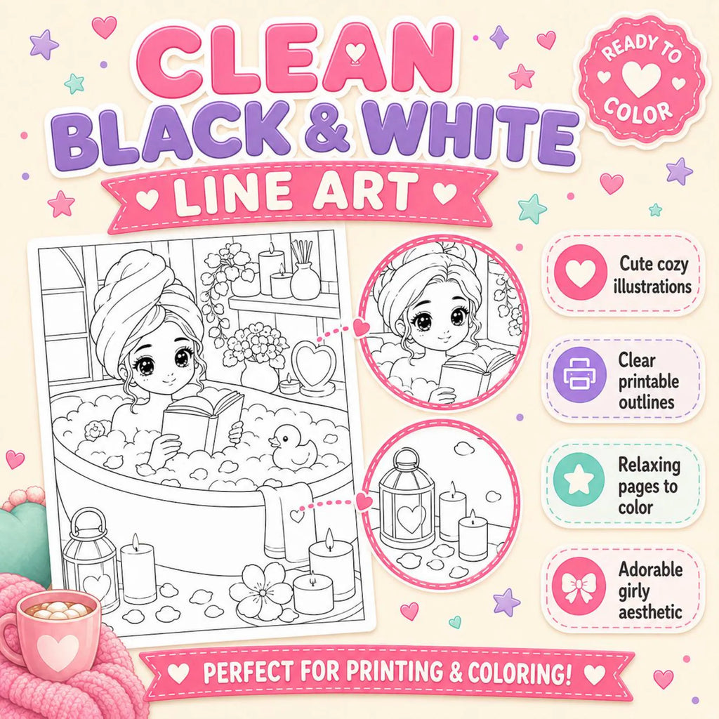 **Girls' Moments Coloring Book | 50 Kawaii Coloring Pages Printable PDF | Cute & Aesthetic Coloring Pages for Girls | Bold, Easy & Cozy Style | Instant Digital Download** 💖🎀📖✨